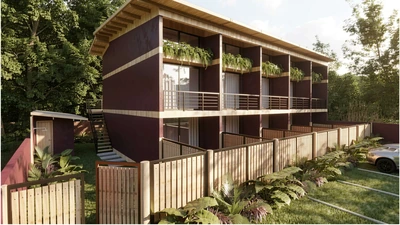Área dos fundos da Vila da Concha, ducha externa e jardim
