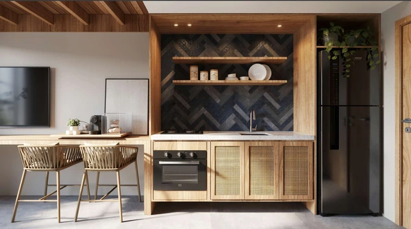 Cozinha equipada do Studio Superior com cooktop, forno, geladeira e revestimento espinha de peixe