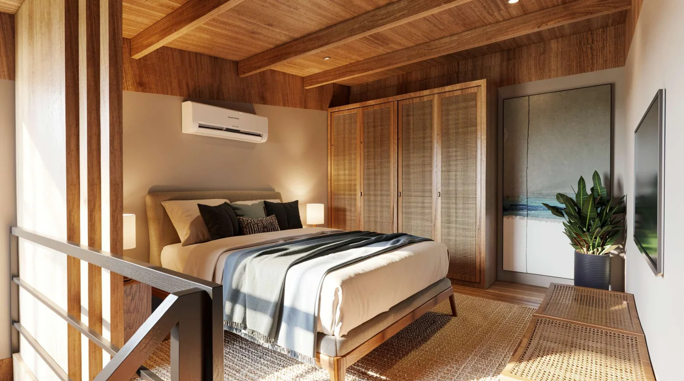 Quarto do Studio Superior com cama king, teto em madeira e ar-condicionado